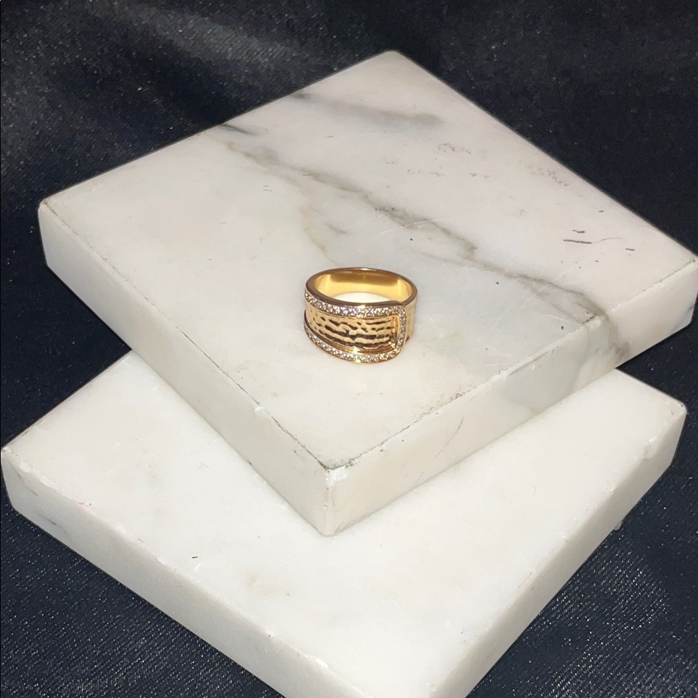 Gold Hammered Statement Ring (Size 9.5) – 18K Gold Plated, Crystal Accents